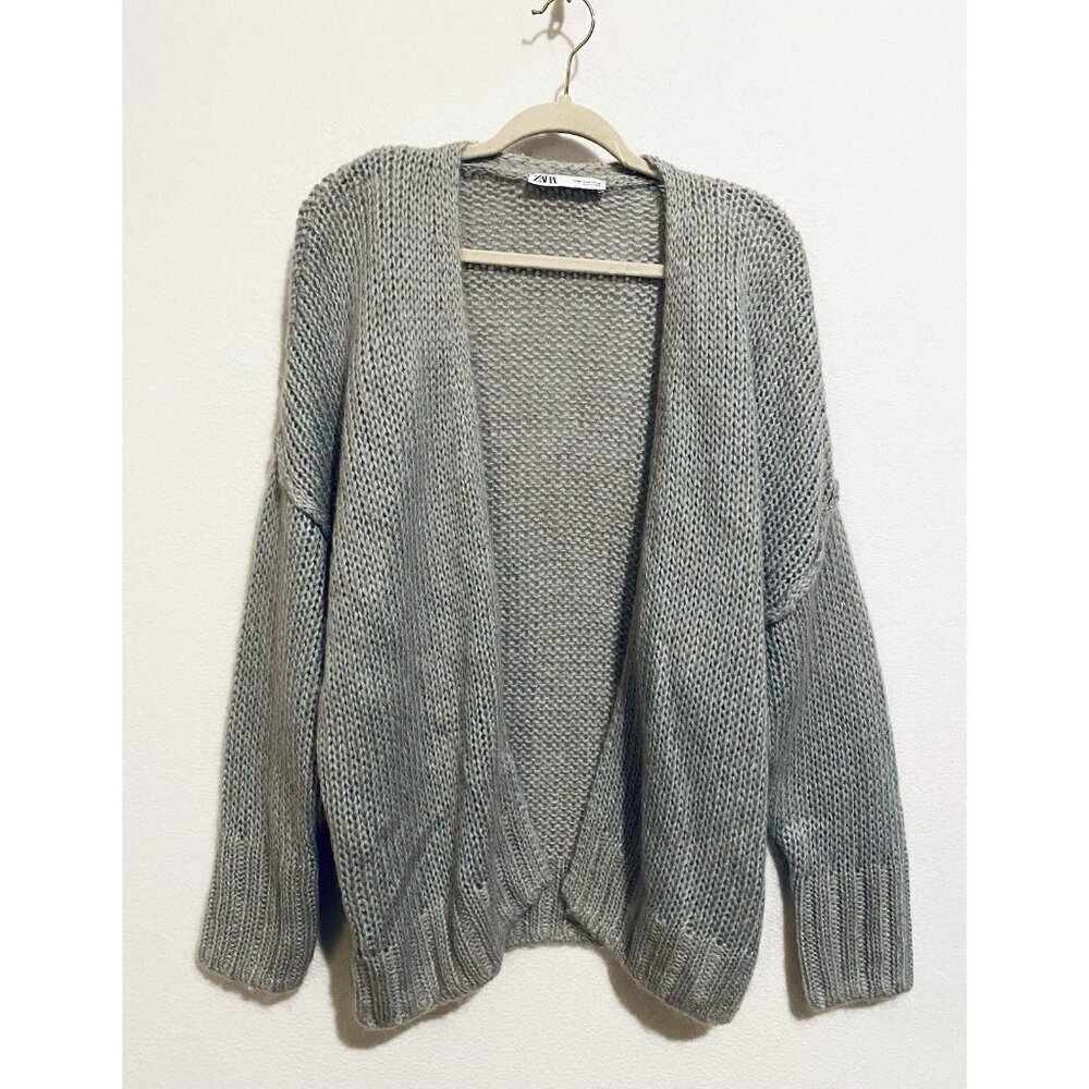 Zara Cardigan Sweater Womens Medium Gray Chunky Open Front Mohair Wool Classic